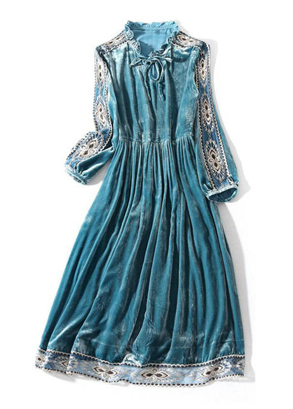 Women Peacock Blue Ruffled Embroideried Patchwork Silk Velour Dress Spring LY0679