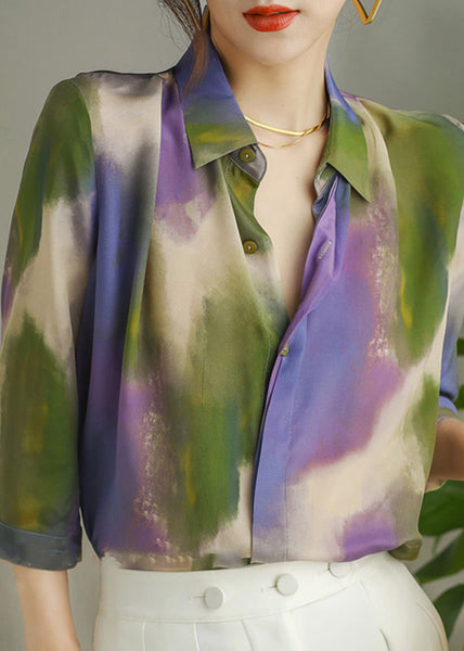 Women Peter Pan Collar Print Button Silk Shirt Long Sleeve LY0393