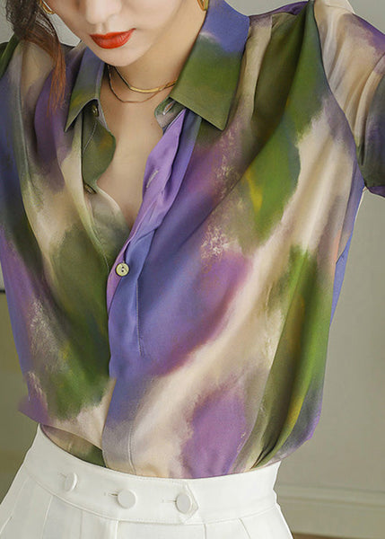 Women Peter Pan Collar Print Button Silk Shirt Long Sleeve LY0393