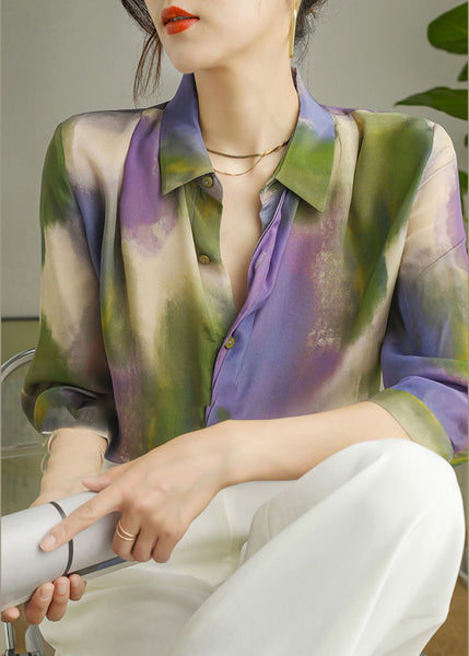 Women Peter Pan Collar Print Button Silk Shirt Long Sleeve LY0393