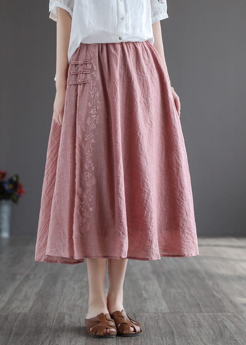 Women Pink Embroideried Chinese Button Linen Skirts Spring TG1022