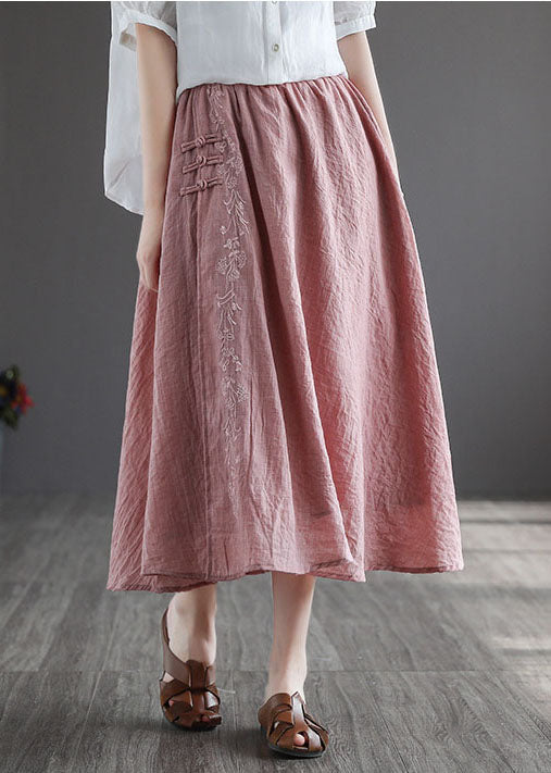 Women Pink Embroideried Chinese Button Linen Skirts Spring TG1022