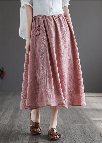 Women Pink Embroideried Chinese Button Linen Skirts Spring TG1022