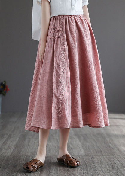 Women Pink Embroideried Chinese Button Linen Skirts Spring TG1022