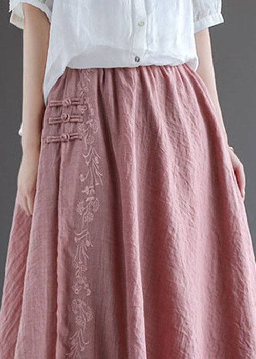 Women Pink Embroideried Chinese Button Linen Skirts Spring TG1022