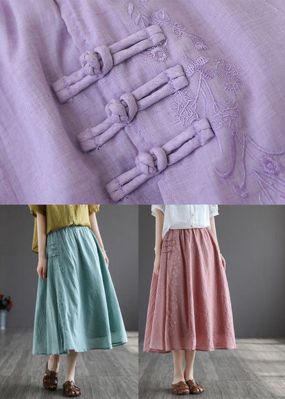 Women Pink Embroideried Chinese Button Linen Skirts Spring TG1022