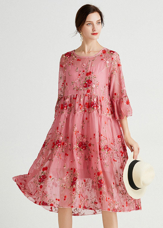 Women Pink O-Neck Embroideried Lace Dresses Two Piece Set Summer LY0026