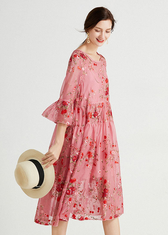 Women Pink O-Neck Embroideried Lace Dresses Two Piece Set Summer LY0026