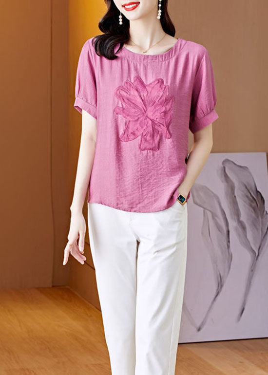 Women Pink O Neck Embroideried Patchwork Linen T Shirt Top Summer LY0443