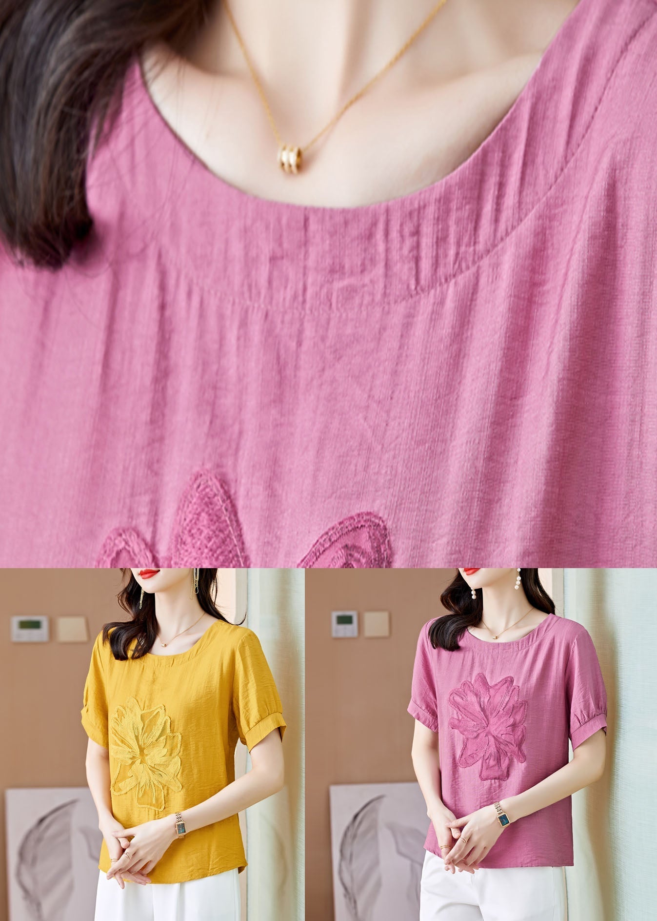 Women Pink O Neck Embroideried Patchwork Linen T Shirt Top Summer LY0443