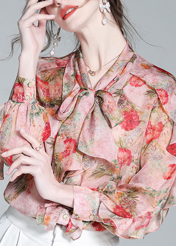 Women Pink O-Neck Ruffled Print Bow Silk Shirt Spring LY0134