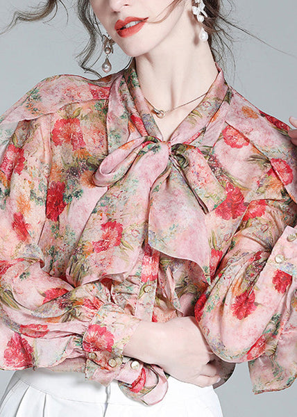 Women Pink O-Neck Ruffled Print Bow Silk Shirt Spring LY0134