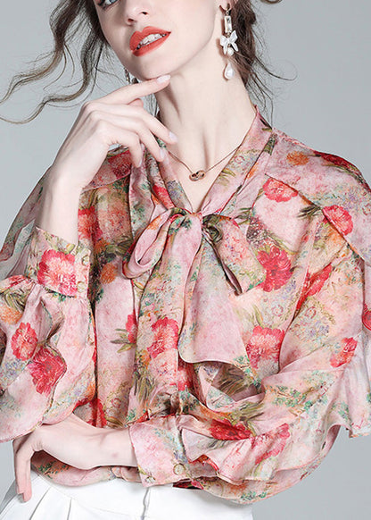 Women Pink O-Neck Ruffled Print Bow Silk Shirt Spring LY0134