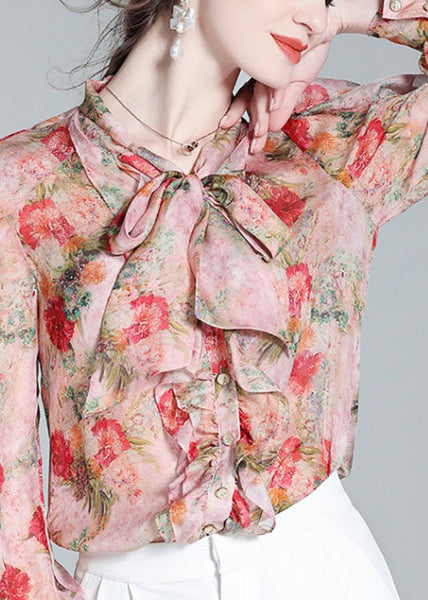 Women Pink O-Neck Ruffled Print Bow Silk Shirt Spring LY0134