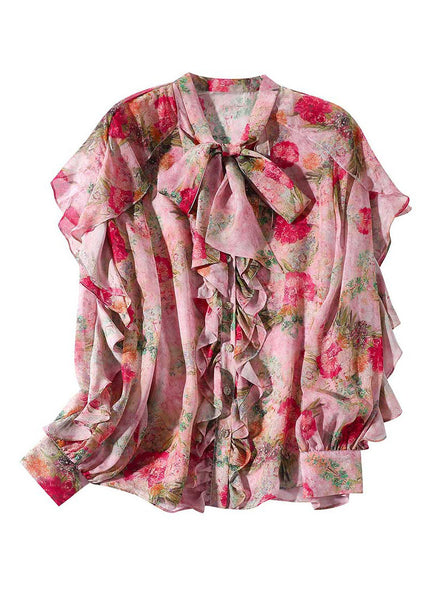 Women Pink O-Neck Ruffled Print Bow Silk Shirt Spring LY0134