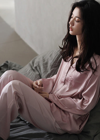 Women Pink Peter Pan Collar Button Cozy Ice Silk Pajamas Two Piece Set Long Sleeve TO1036