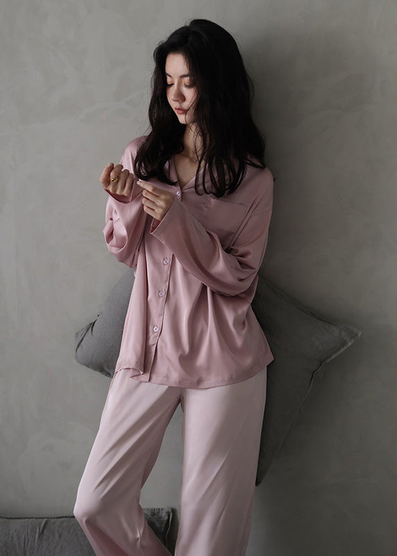 Women Pink Peter Pan Collar Button Cozy Ice Silk Pajamas Two Piece Set Long Sleeve TO1036