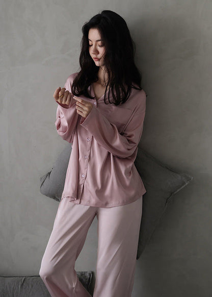 Women Pink Peter Pan Collar Button Cozy Ice Silk Pajamas Two Piece Set Long Sleeve TO1036