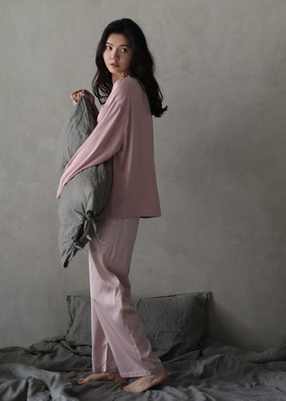 Women Pink Peter Pan Collar Button Cozy Ice Silk Pajamas Two Piece Set Long Sleeve TO1036