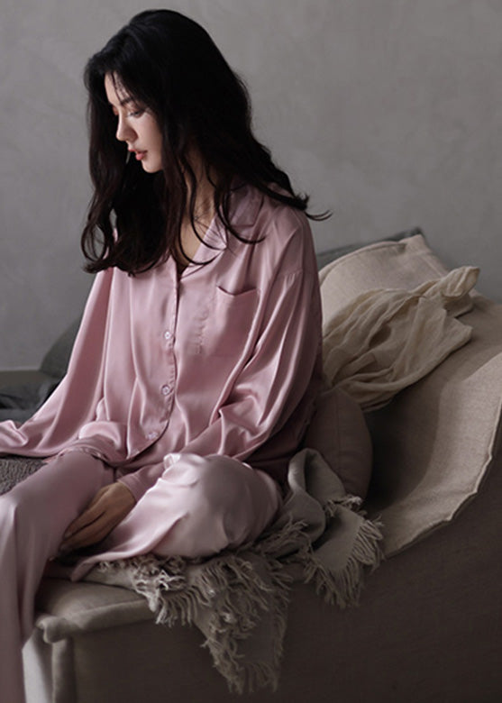 Women Pink Peter Pan Collar Button Cozy Ice Silk Pajamas Two Piece Set Long Sleeve TO1036