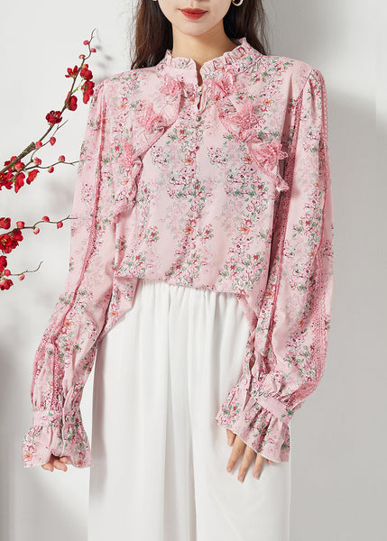 Women Pink Ruffled Patchwork Butterfly Chiffon Shirt Spring LY1118