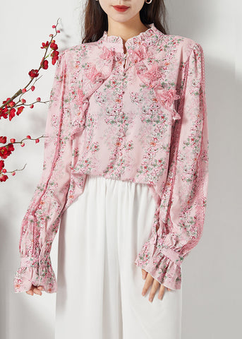 Women Pink Ruffled Patchwork Butterfly Chiffon Shirt Spring LC0388