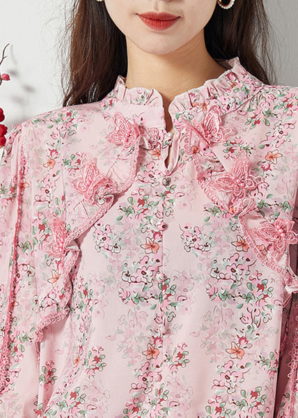 Women Pink Ruffled Patchwork Butterfly Chiffon Shirt Spring LY1118