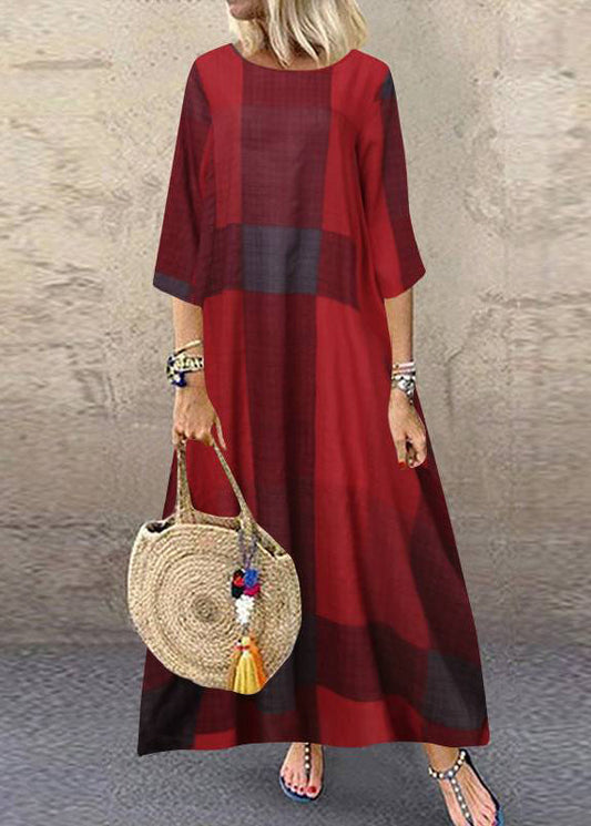 Women Plaid Short Sleeve Crew Neck Side Pocket Baggy Vintage Long Maxi Dress Wine Red LC0030