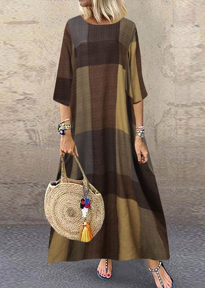 Women Plaid Short Sleeve Crew Neck Side Pocket Baggy Vintage Long Maxi Dress Wine Red LC0030