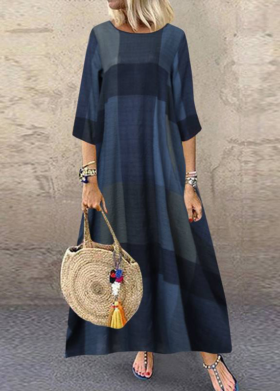 Women Plaid Short Sleeve Crew Neck Side Pocket Baggy Vintage Long Maxi Dress Wine Red LC0030