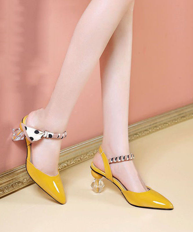 Women Pointed Toe Chunky Yellow Cowhide Leather High Heel Slippers LC0184