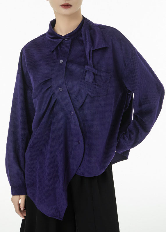 Women Purple Asymmetrical Design Silk Velour Shirt Top Spring TS1081