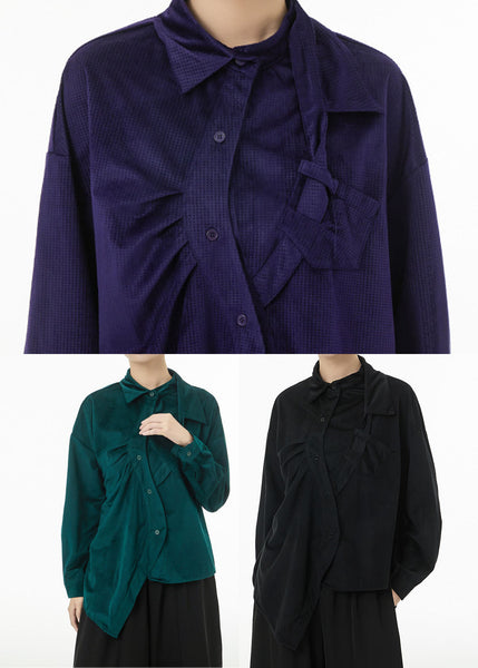 Women Purple Asymmetrical Design Silk Velour Shirt Top Spring TS1081