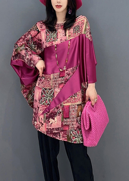 Women Red O-Neck Print Patchwork Top Batwing Sleeve LC0298