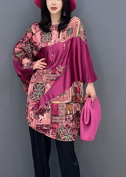 Women Red O-Neck Print Patchwork Top Batwing Sleeve