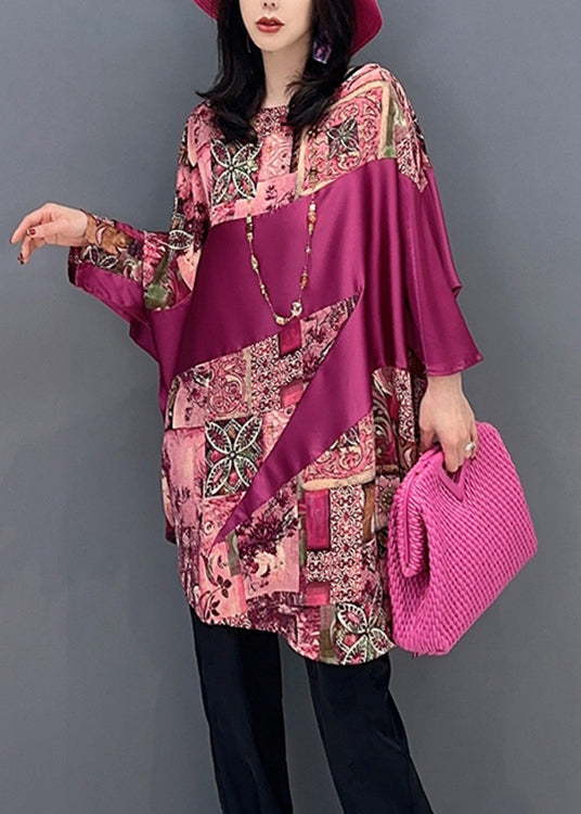 Women Red O-Neck Print Patchwork Top Batwing Sleeve LC0298