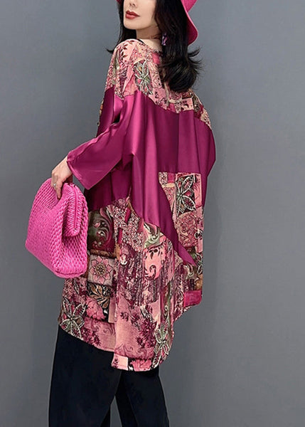 Women Red O-Neck Print Patchwork Top Batwing Sleeve LC0298