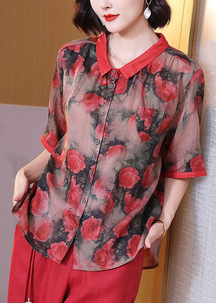 Women Red Peter Pan Collar Print Button Patchwork Linen Top Summer TP1067