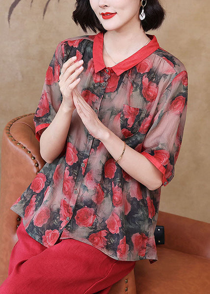 Women Red Peter Pan Collar Print Button Patchwork Linen Top Summer TP1067