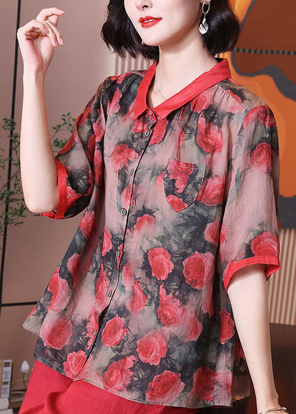 Women Red Peter Pan Collar Print Button Patchwork Linen Top Summer TP1067