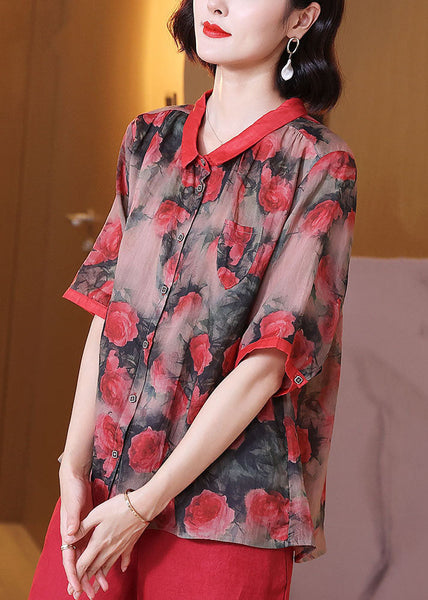 Women Red Peter Pan Collar Print Button Patchwork Linen Top Summer TP1067