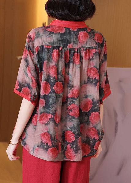 Women Red Peter Pan Collar Print Button Patchwork Linen Top Summer TP1067