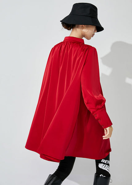Women Red Stand Collar Oversized Wrinkled Silk Shirt Top Spring LY0836