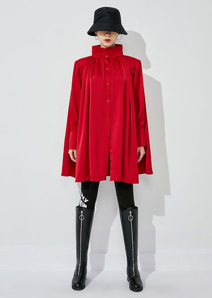 Women Red Stand Collar Oversized Wrinkled Silk Shirt Top Spring LY0836