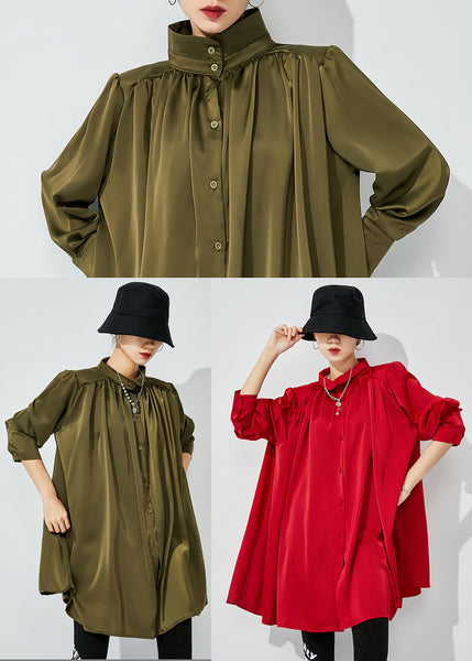 Women Red Stand Collar Oversized Wrinkled Silk Shirt Top Spring LY0836