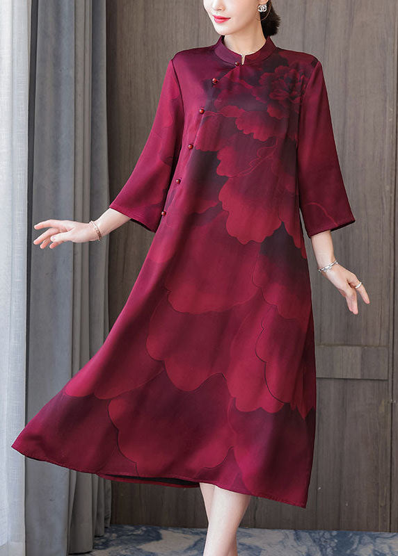 Women Red Stand Collar Print Silk Robe Dresses Bracelet Sleeve LY1706