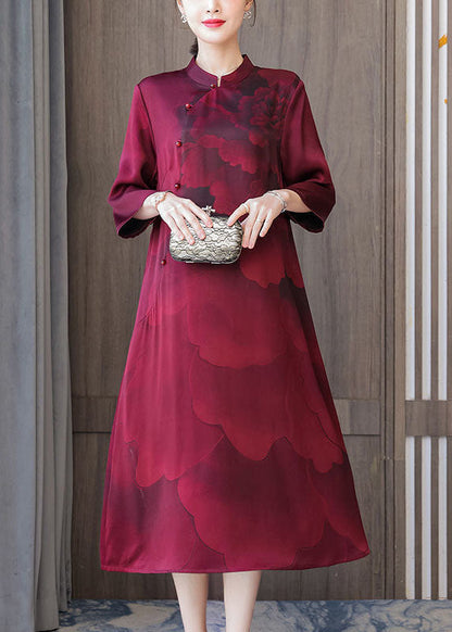 Women Red Stand Collar Print Silk Robe Dresses Bracelet Sleeve LY1706