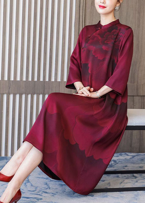 Women Red Stand Collar Print Silk Robe Dresses Bracelet Sleeve LY1706