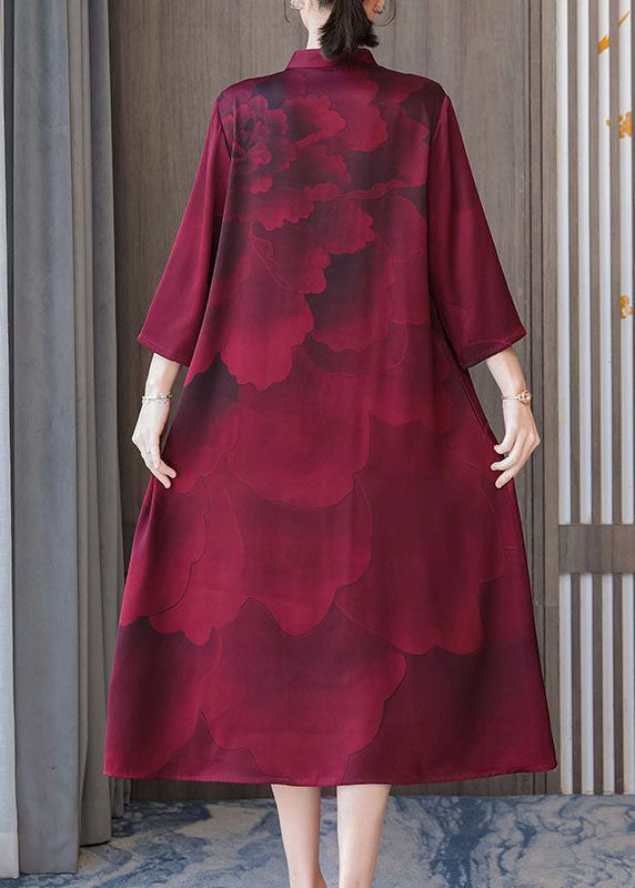 Women Red Stand Collar Print Silk Robe Dresses Bracelet Sleeve LY1706