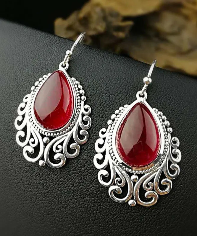 Women Red Sterling Silver Hollow Out Jade Water Drop Drop Earrings Ada Fashion